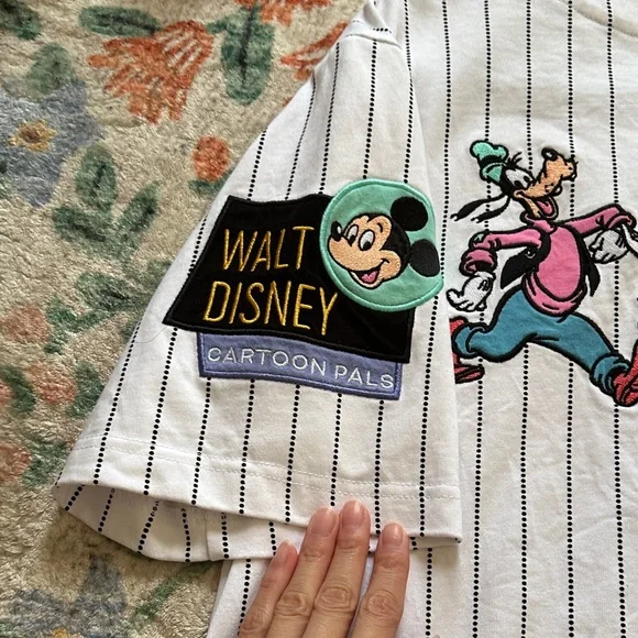 Disney Adults White Pinstripe Baseball Shirt with Mickey Patch - Picture 6 of 6